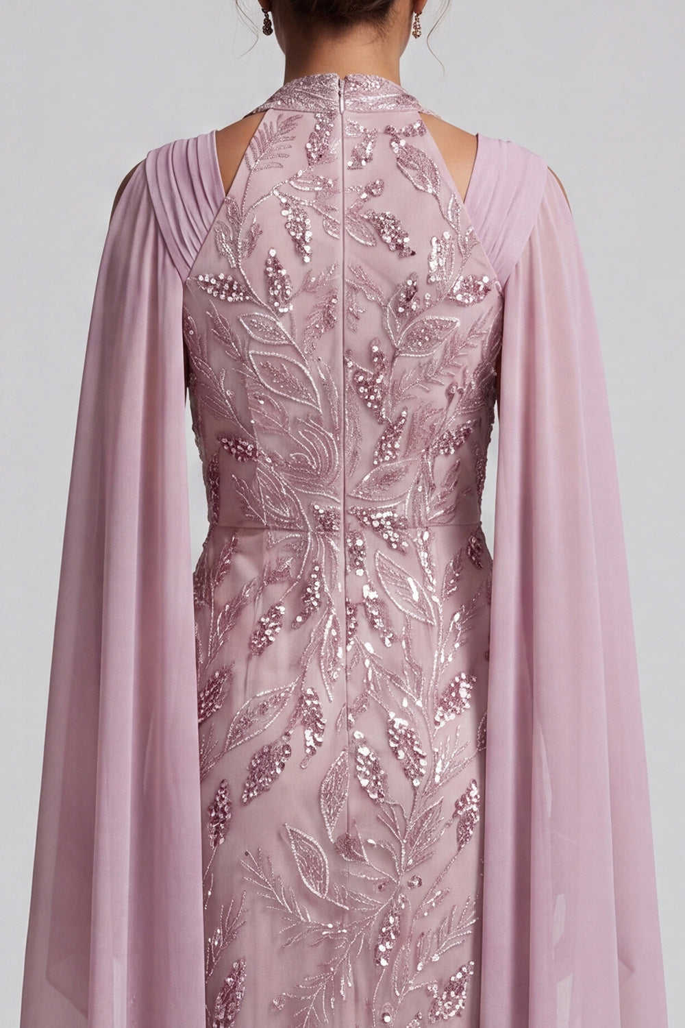 Fog Halter Neck Sequins A-Line Floral Midi Mother of the Bride Dress with Cape Sleeves