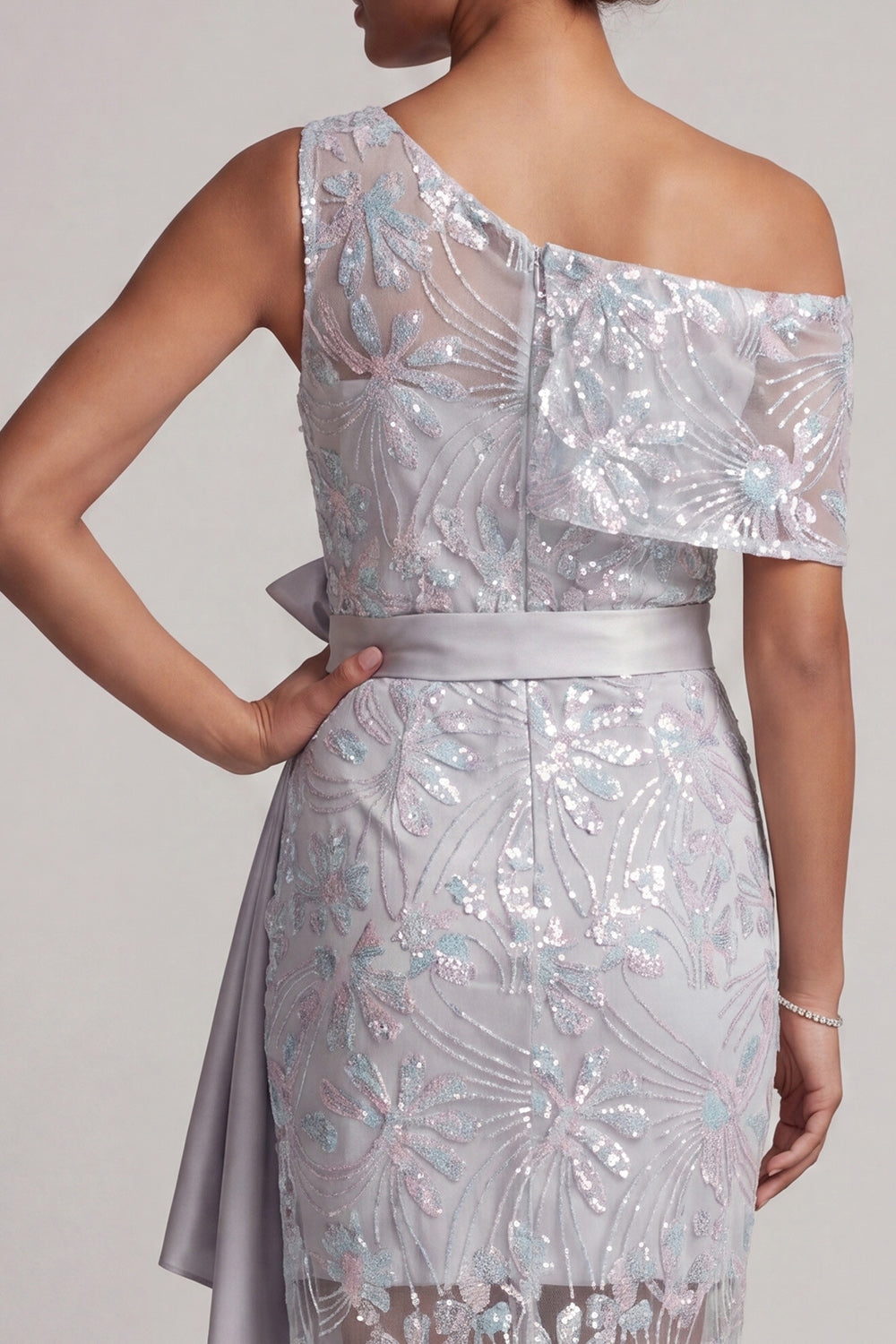 One Shoulder Light Grey Sequins Mermaid Asymmetrical Floral Mother of the Bride Dress with Sash