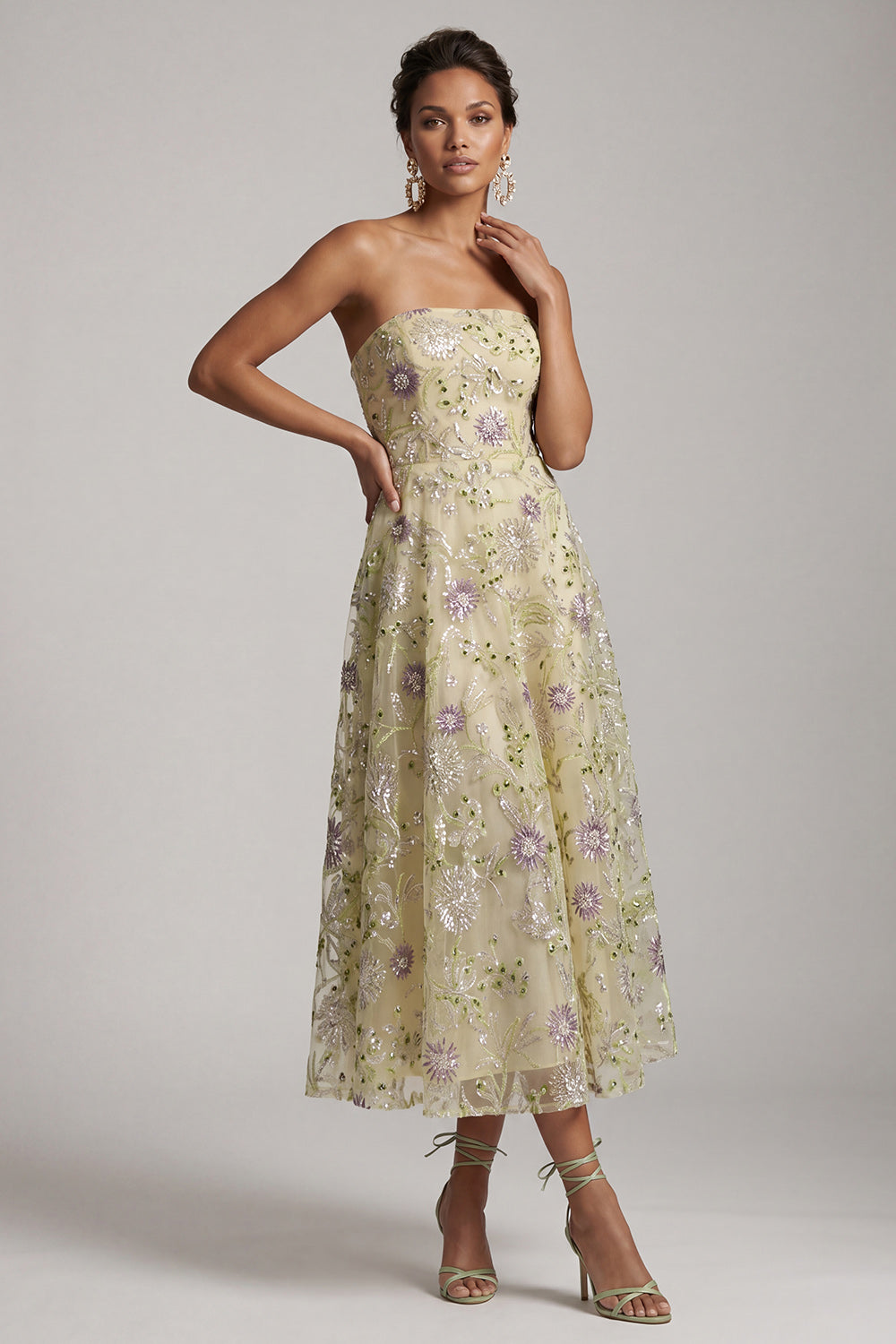 A-Line Dusty Sage Strapless Sequined Floral Midi Mother of the Bride Dress