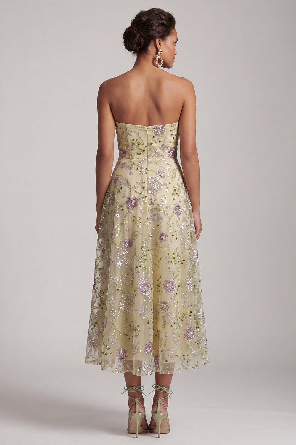 A-Line Dusty Sage Strapless Sequined Floral Midi Mother of the Bride Dress