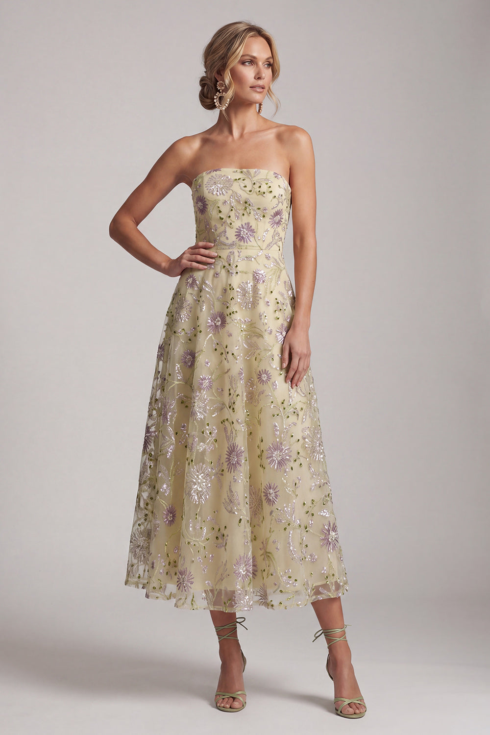 A-Line Dusty Sage Strapless Sequined Floral Midi Mother of the Bride Dress