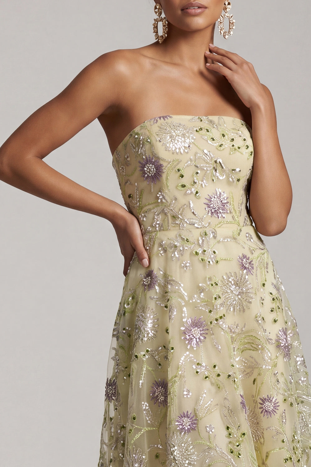 A-Line Dusty Sage Strapless Sequined Floral Midi Mother of the Bride Dress