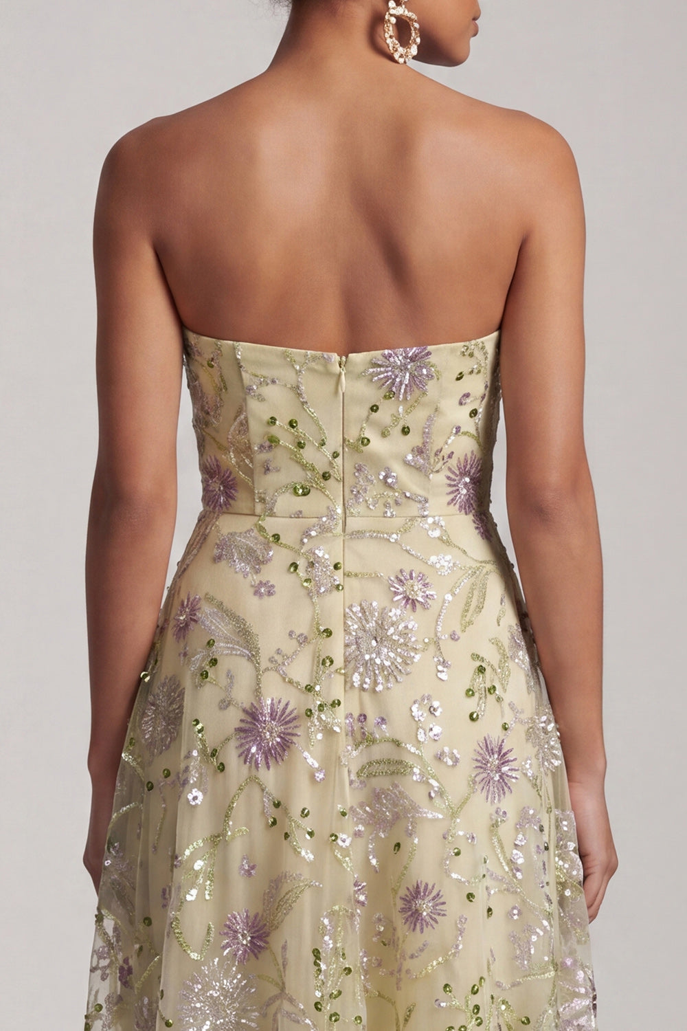 A-Line Dusty Sage Strapless Sequined Floral Midi Mother of the Bride Dress