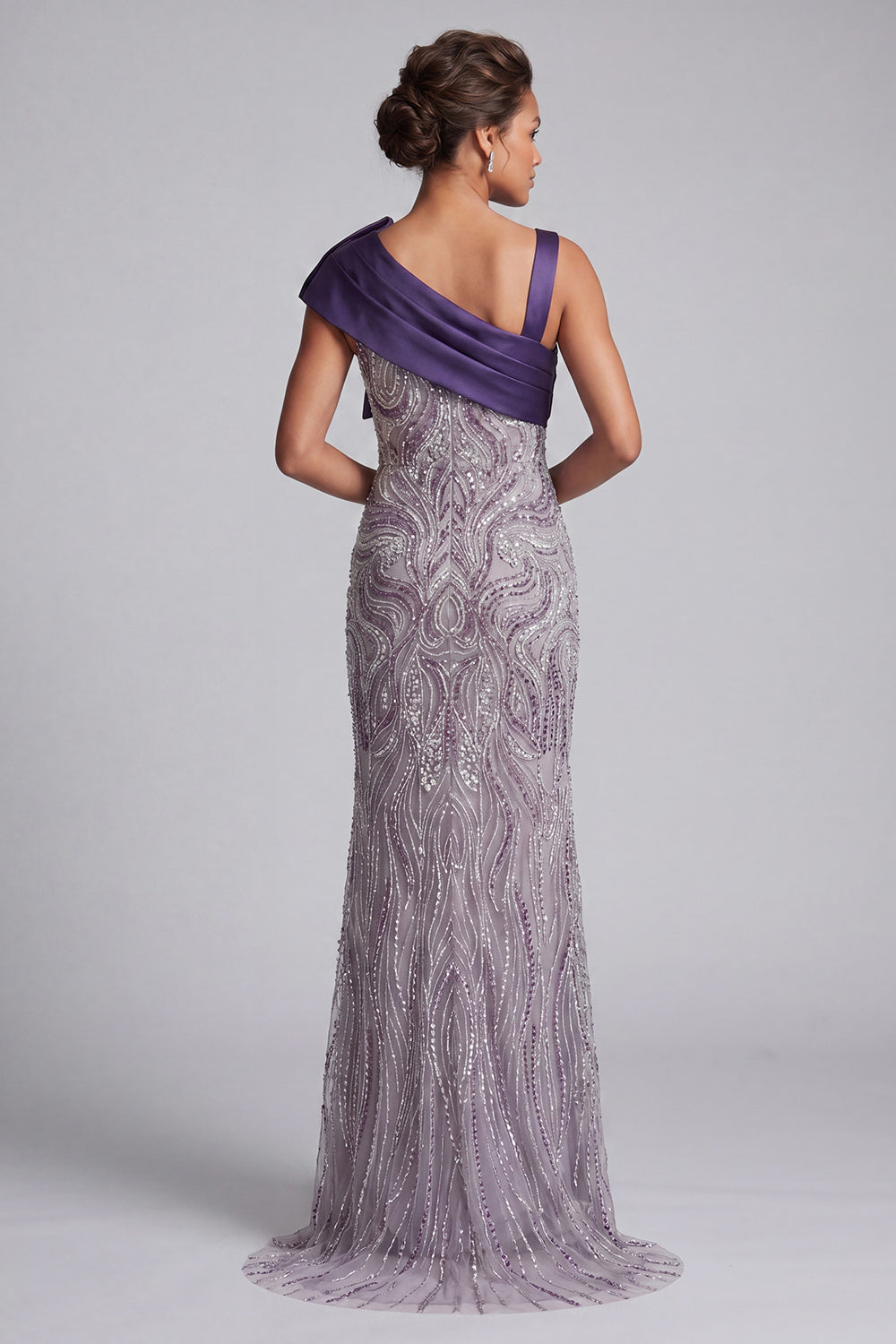 Mermaid Purple Beaded Bow Long Mother of the Bride Dress with Pockets