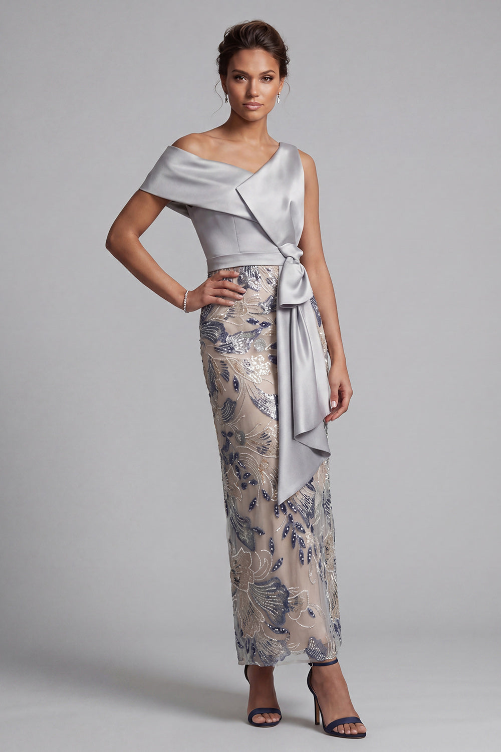 Silver Bodycon Sequined Floral One-Shoulder Long Mother of the Bride Dress with Slit