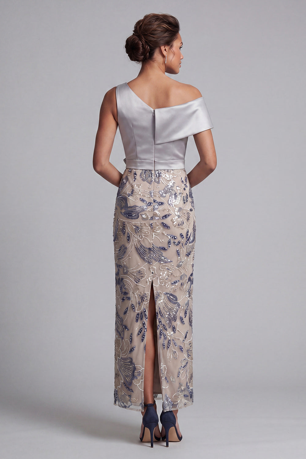 Silver Bodycon Sequined Floral One-Shoulder Long Mother of the Bride Dress with Slit