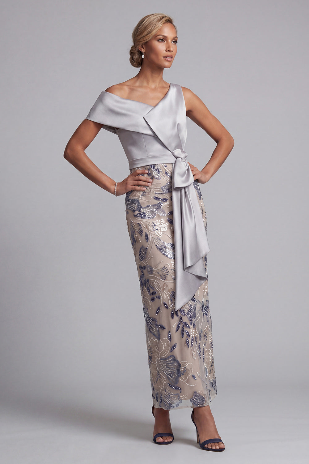 Silver Bodycon Sequined Floral One-Shoulder Long Mother of the Bride Dress with Slit