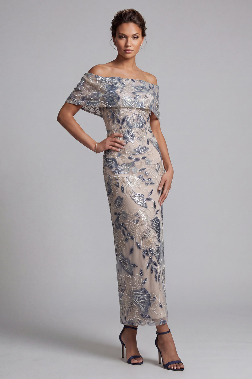 Navy Off the Shoulder Bodycon Sequins Floral Long Mother of the Bride Dress with Slit