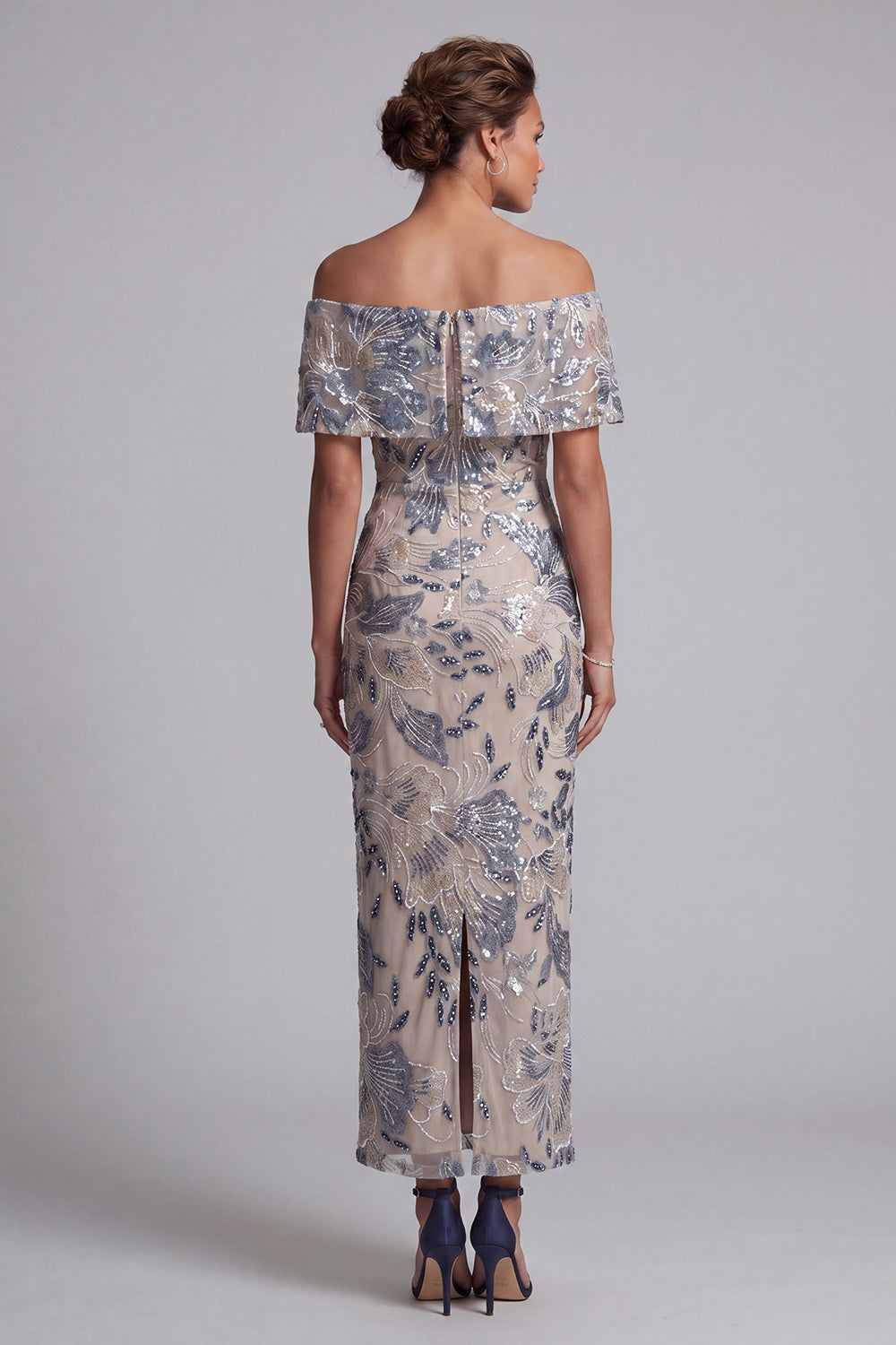 Navy Off the Shoulder Bodycon Sequins Floral Long Mother of the Bride Dress with Slit