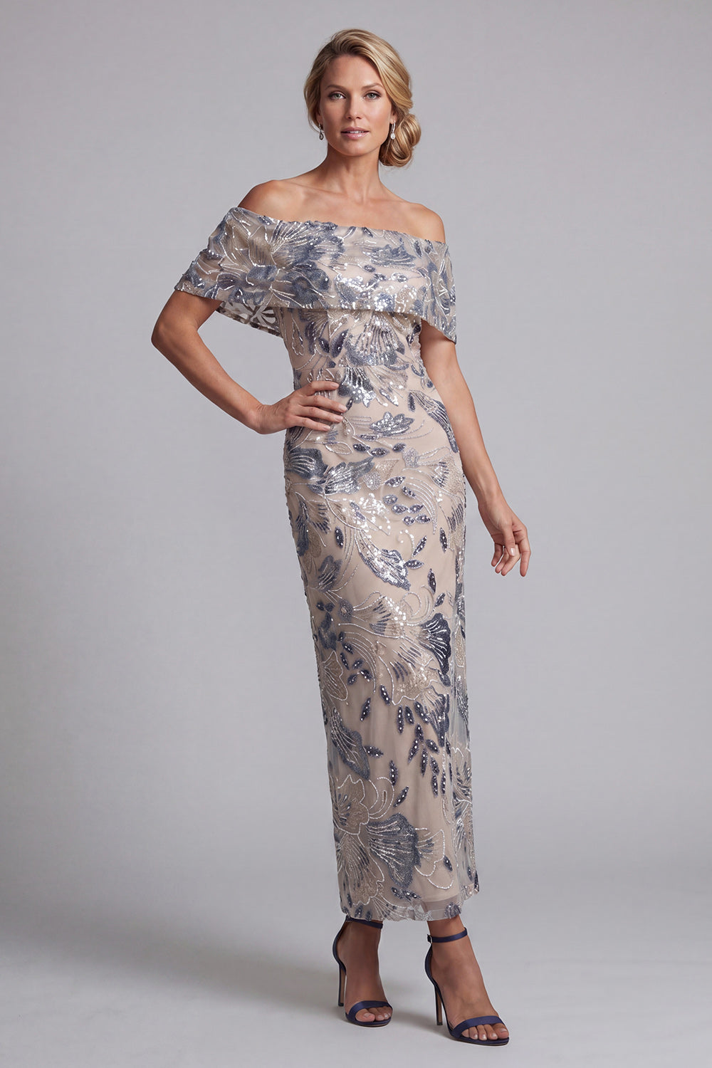 Navy Off the Shoulder Bodycon Sequins Floral Long Mother of the Bride Dress with Slit