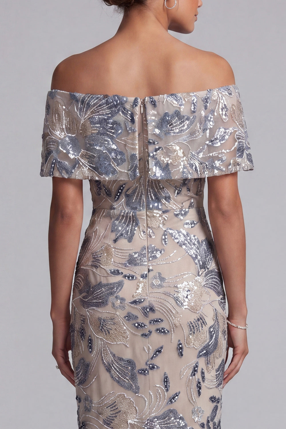 Navy Off the Shoulder Bodycon Sequins Floral Long Mother of the Bride Dress with Slit