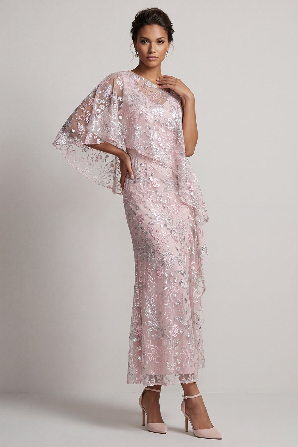 Pink One Shoulder Mermaid Sequined Floral Long Mother of the Bride Dress with Cape
