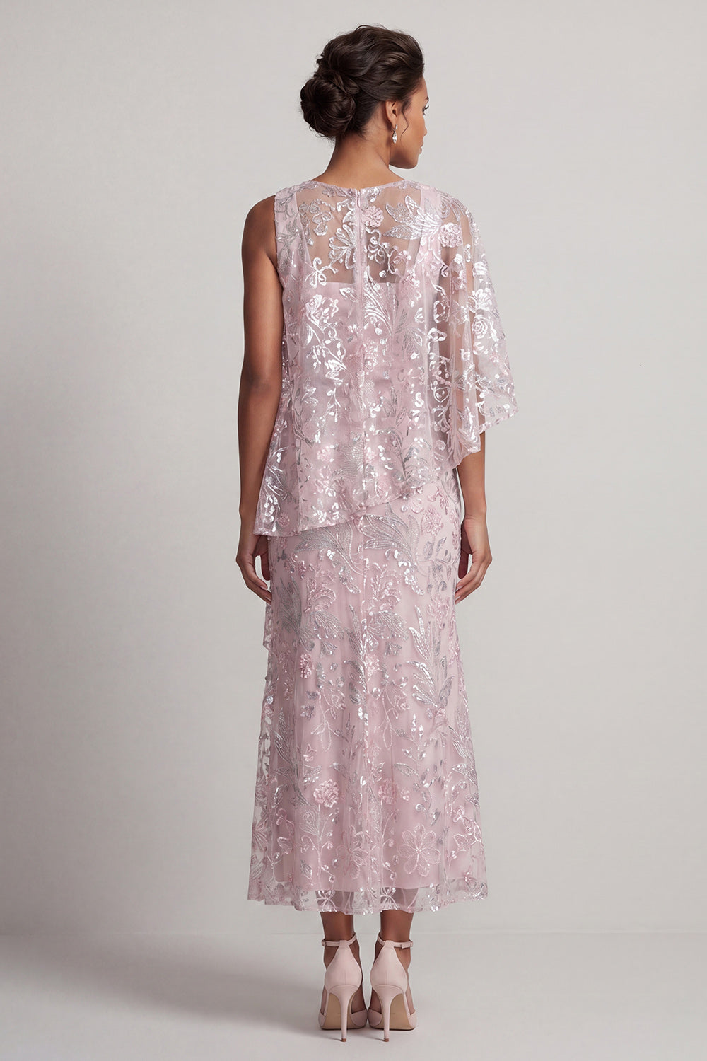 Pink One Shoulder Mermaid Sequined Floral Long Mother of the Bride Dress with Cape