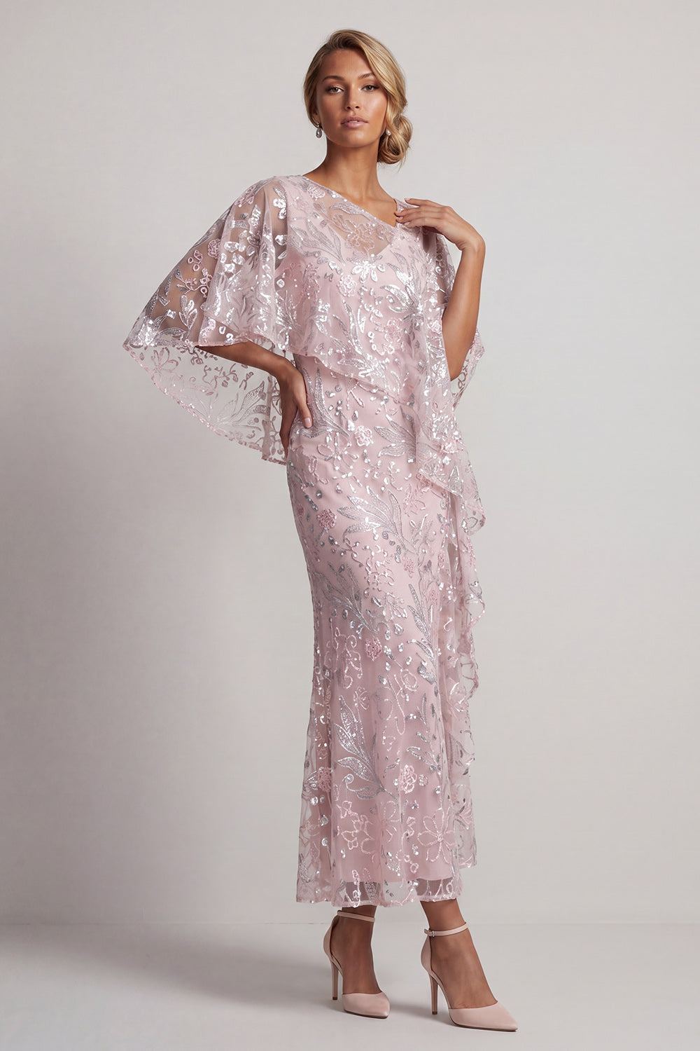 Pink One Shoulder Mermaid Sequined Floral Long Mother of the Bride Dress with Cape