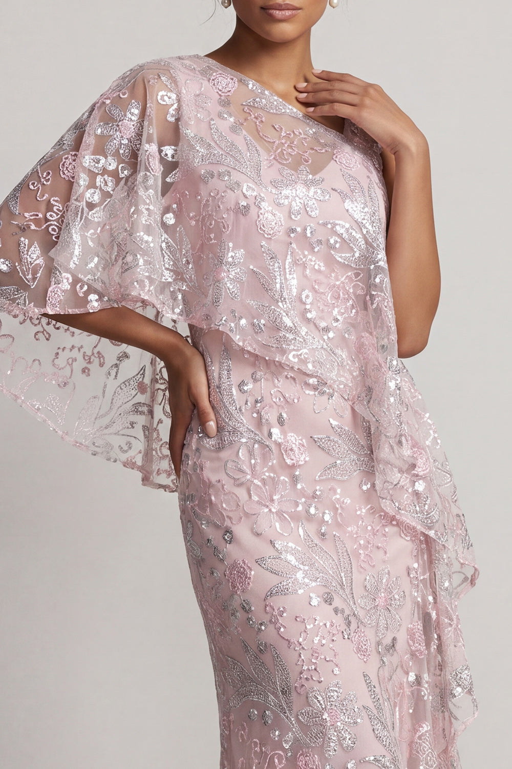 Pink One Shoulder Mermaid Sequined Floral Long Mother of the Bride Dress with Cape