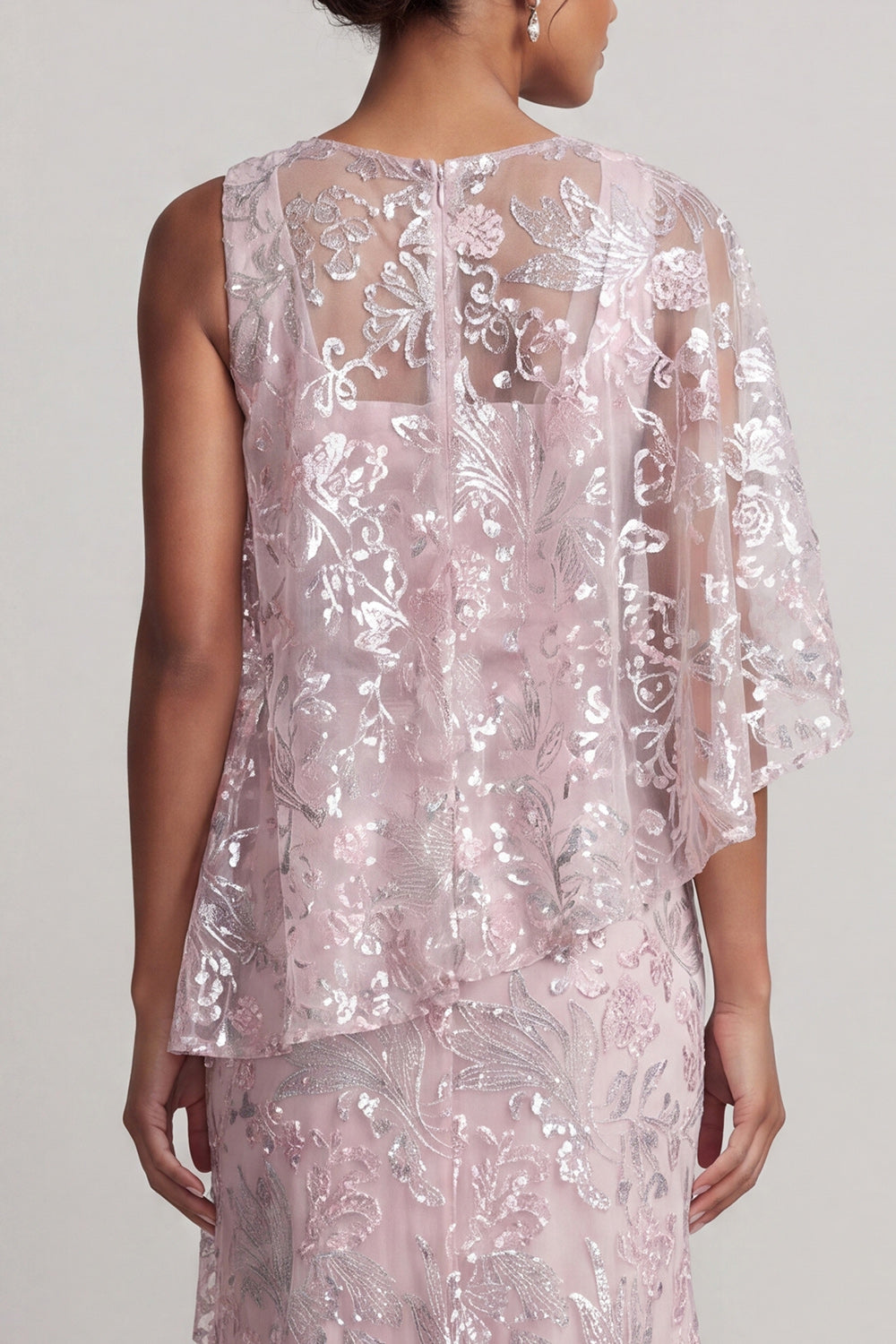 Pink One Shoulder Mermaid Sequined Floral Long Mother of the Bride Dress with Cape