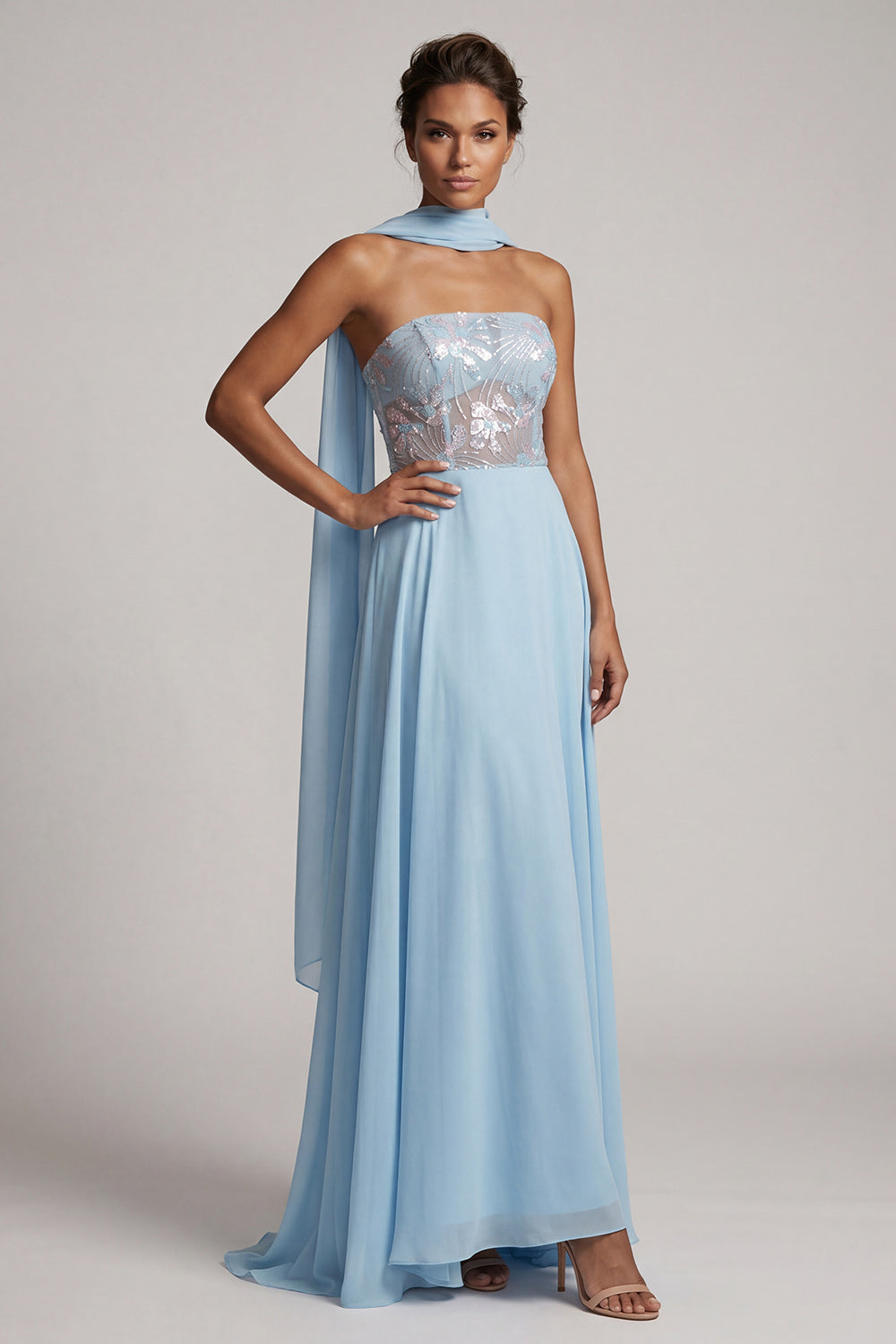 Strapless Sky Blue Sheer Corset Sequins A-Line Chiffon Long Mother of the Bride Dress