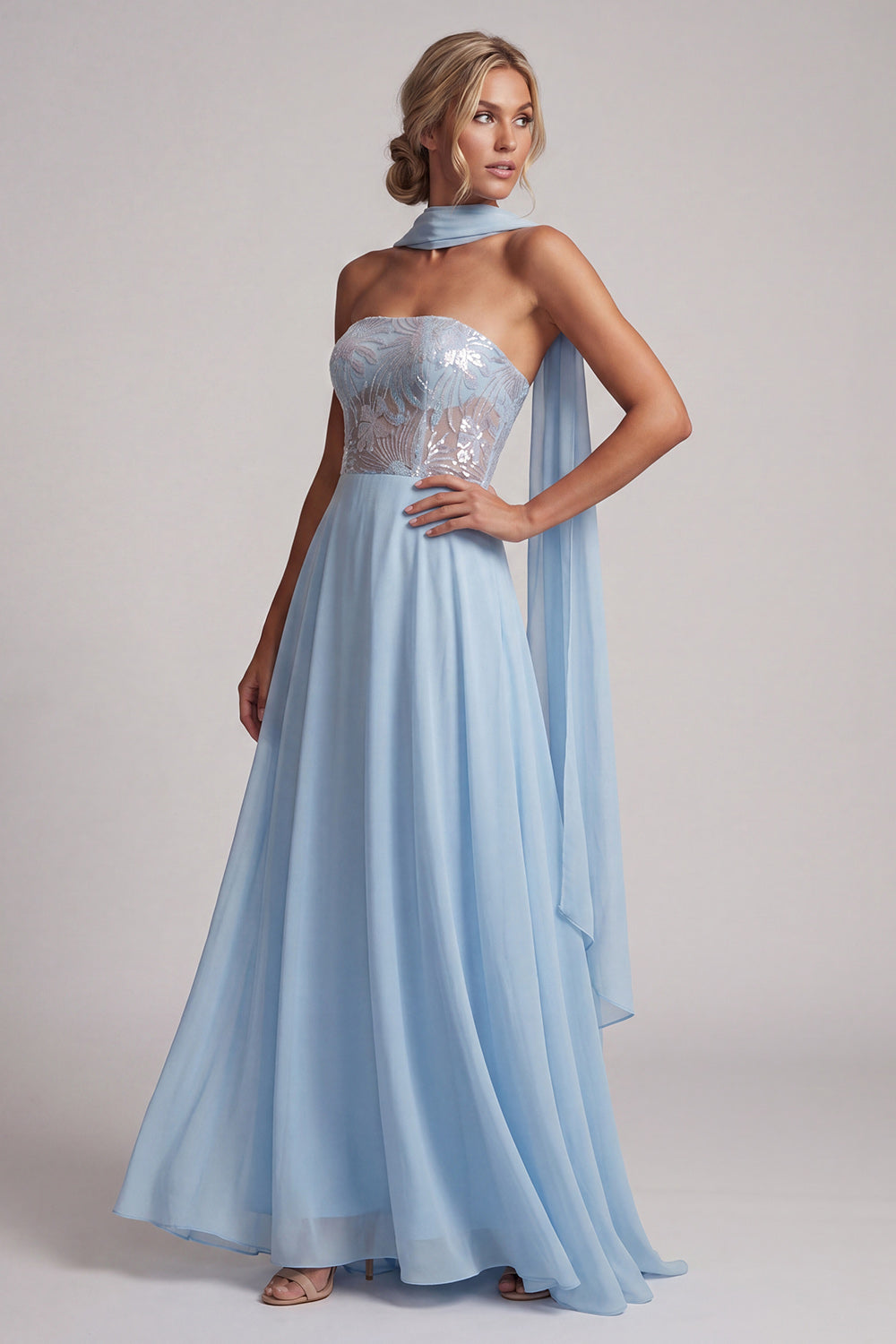 Strapless Sky Blue Sheer Corset Sequins A-Line Chiffon Long Mother of the Bride Dress