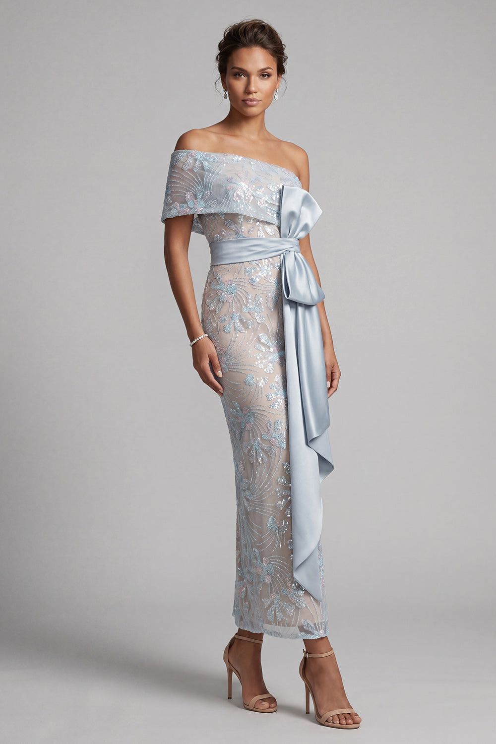 Dusty Blue Bodycon Sequins Floral Long Mother of the Bride Dress with Bow