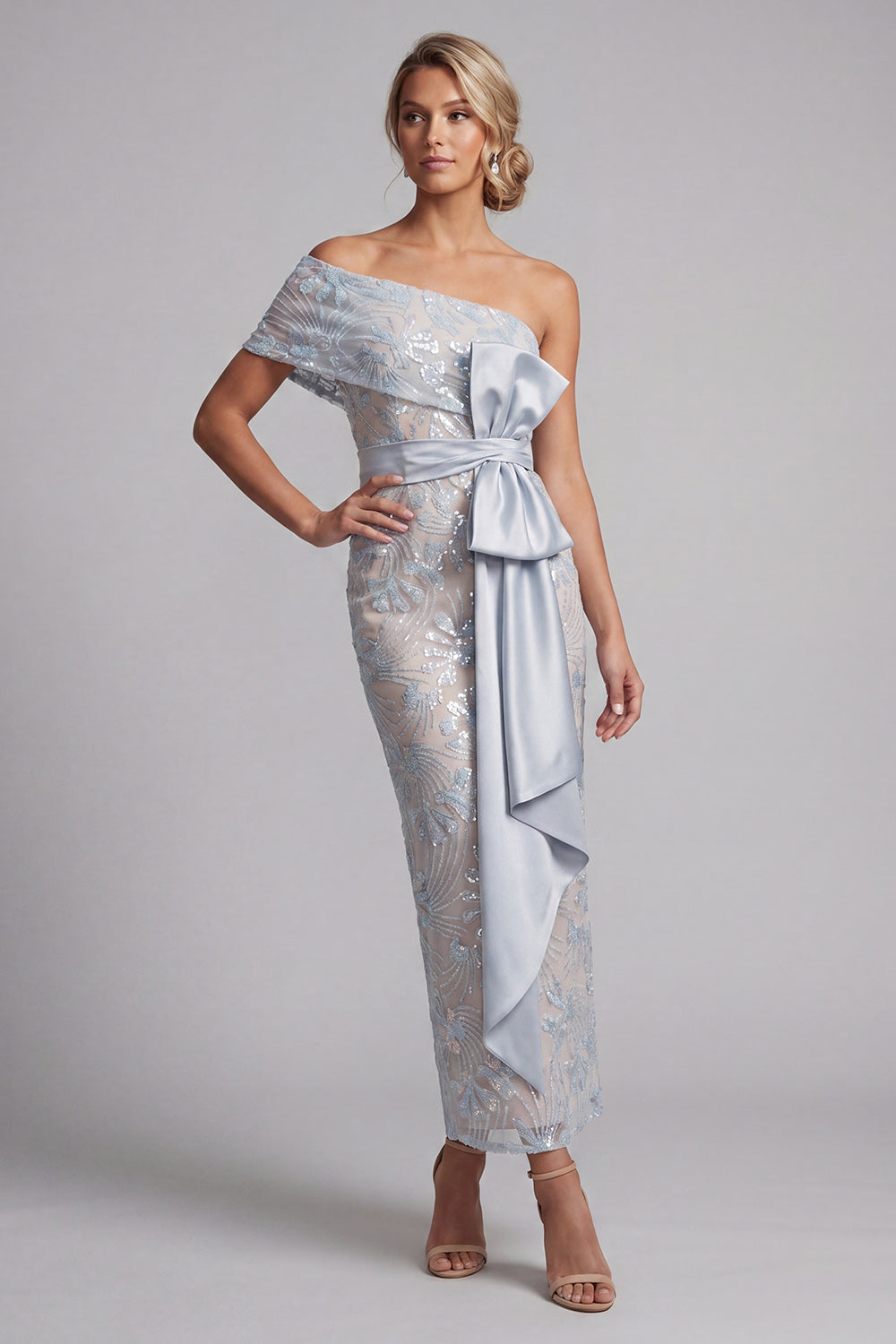 Dusty Blue Bodycon Sequins Floral Long Mother of the Bride Dress with Bow