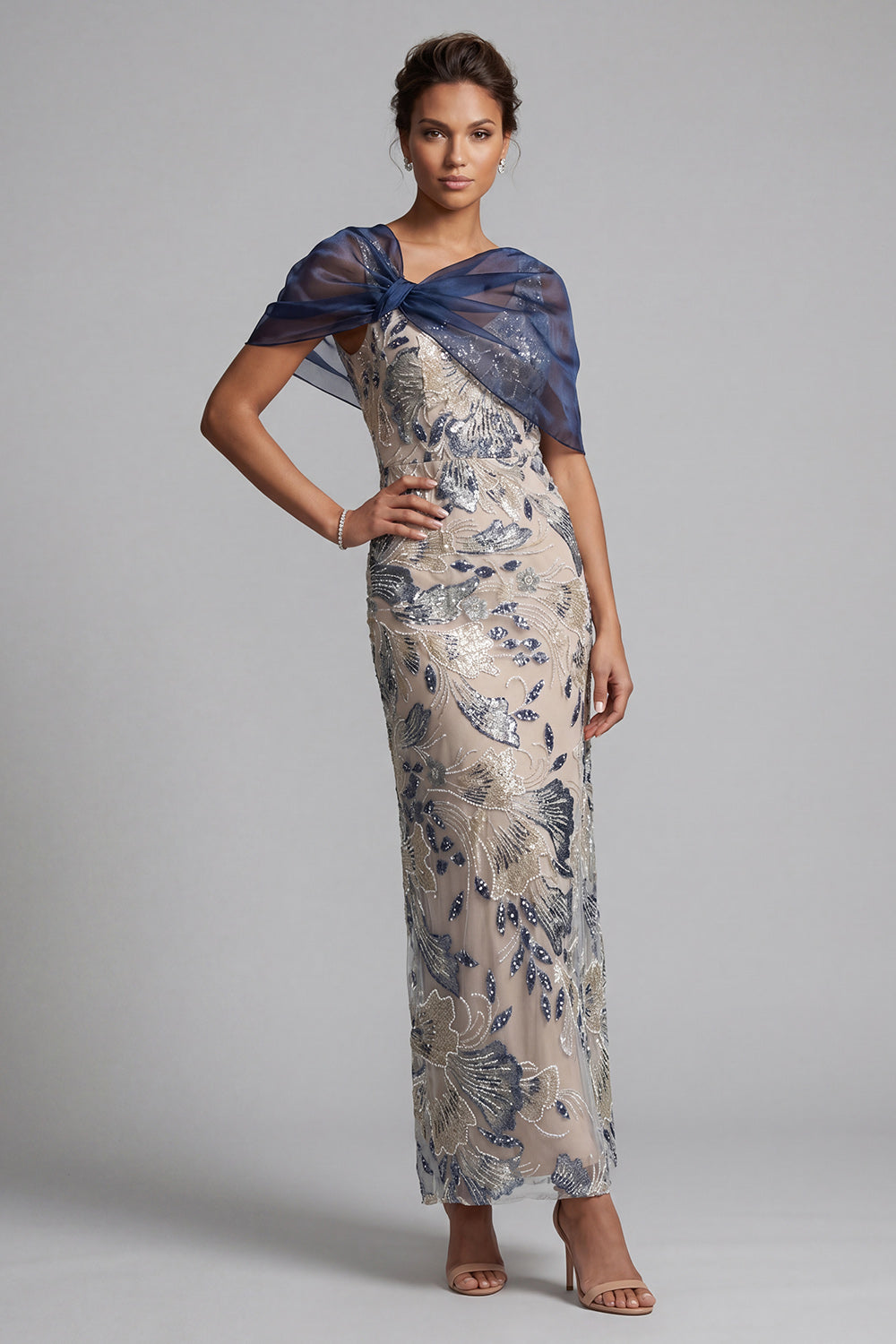 Navy Floral Bodycon Sequined Long Mother of the Bride Dress with Cape