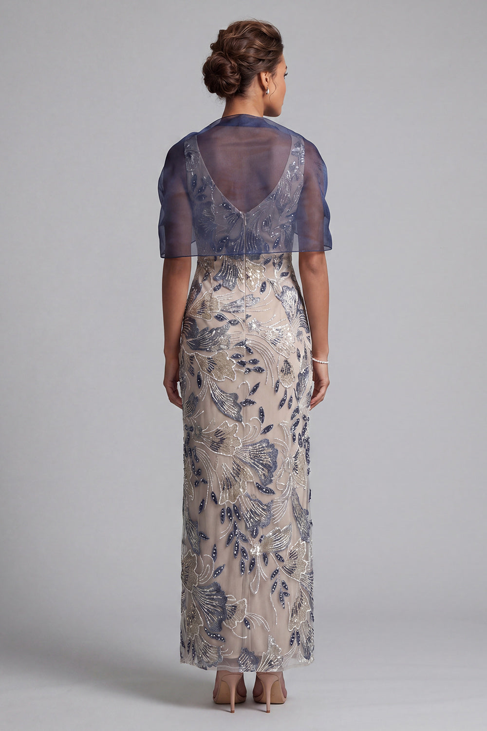 Navy Floral Bodycon Sequined Long Mother of the Bride Dress with Cape