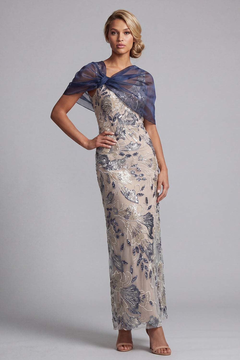 Navy Floral Bodycon Sequined Long Mother of the Bride Dress with Cape