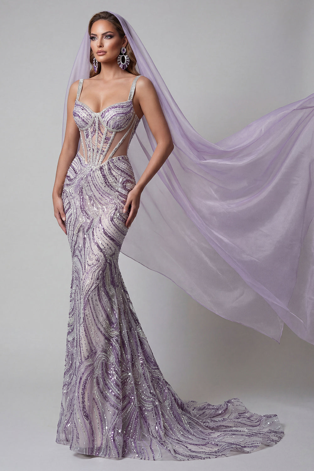 Lilac Sheer Corset Mermaid Sequins Long Pageant Dress with Veils