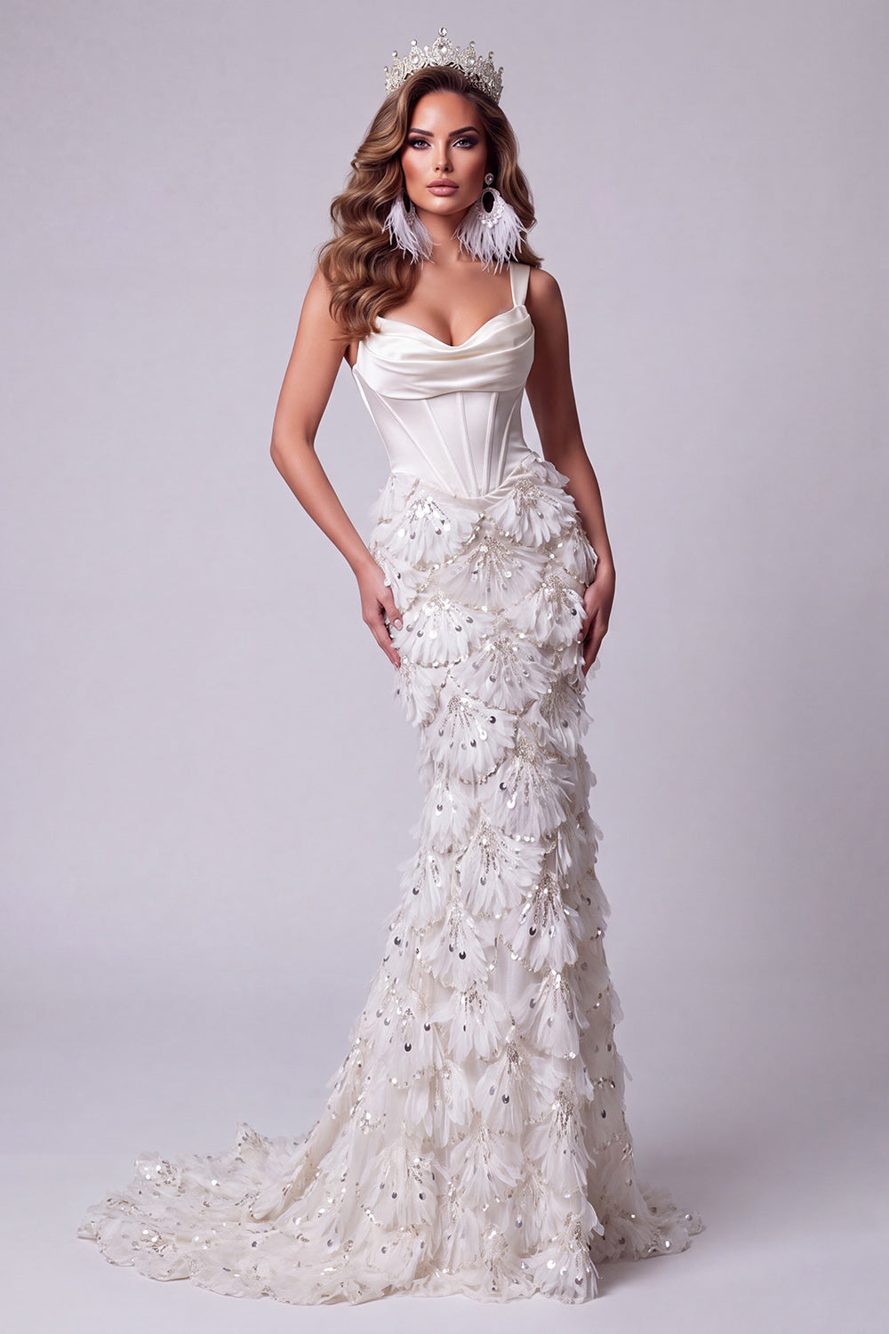 Mermaid Ivory Corset Sequins Thick Straps Long Pageant Dress with Train