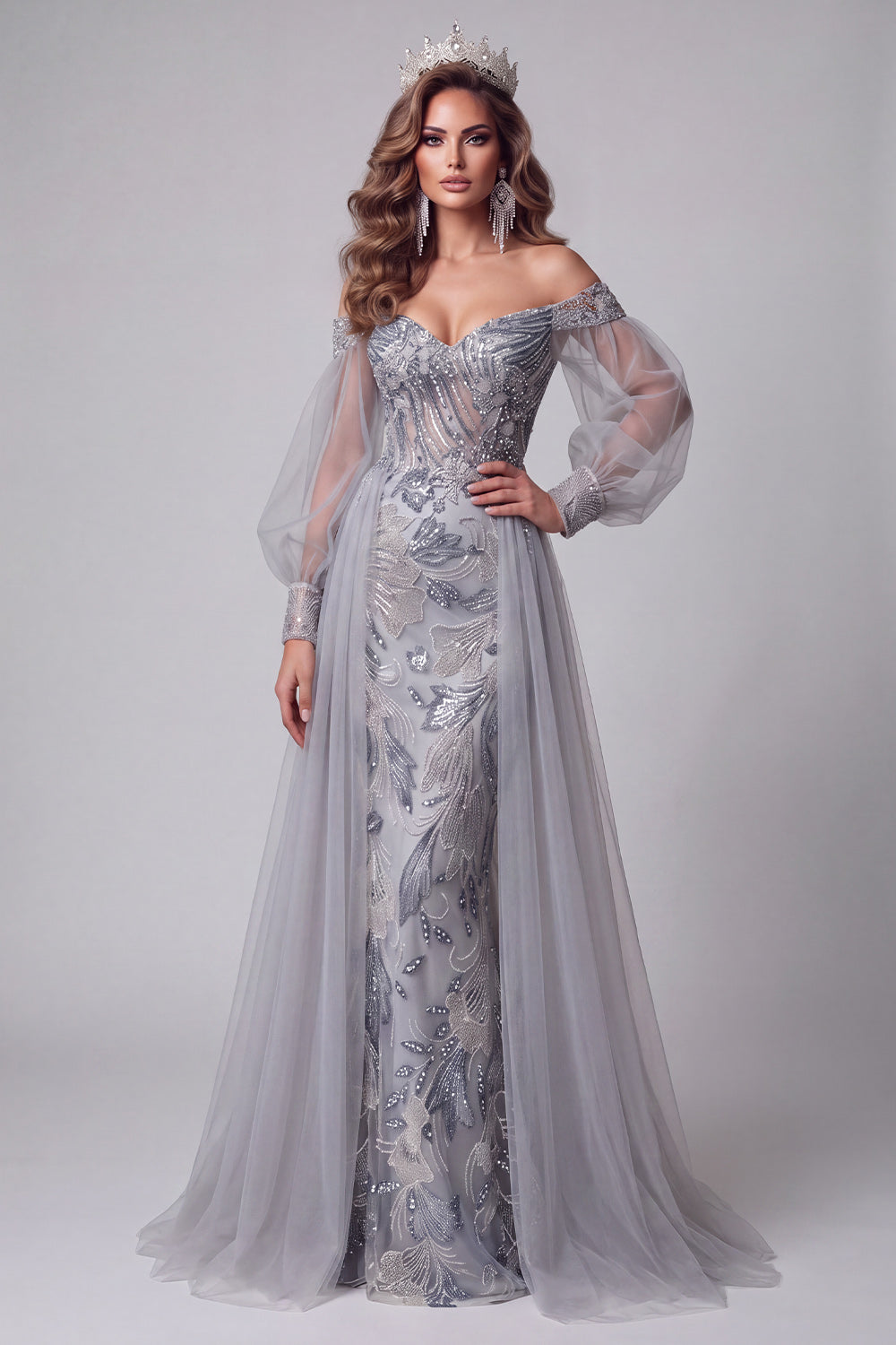 Off the Shoulder Dusty Blue Mermaid Sequins Long Pageant Dress with Train