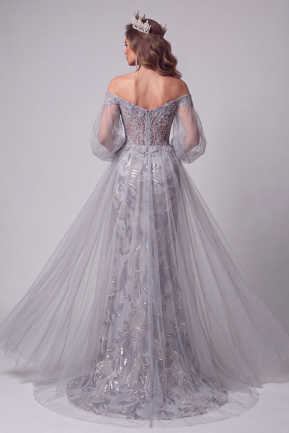 Off the Shoulder Dusty Blue Mermaid Sequins Long Pageant Dress with Train
