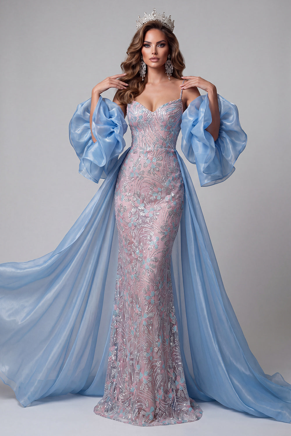 Blue and Pink Mermaid Floral Sequins Spaghetti Straps Long Pageant Dress Ruffle Train