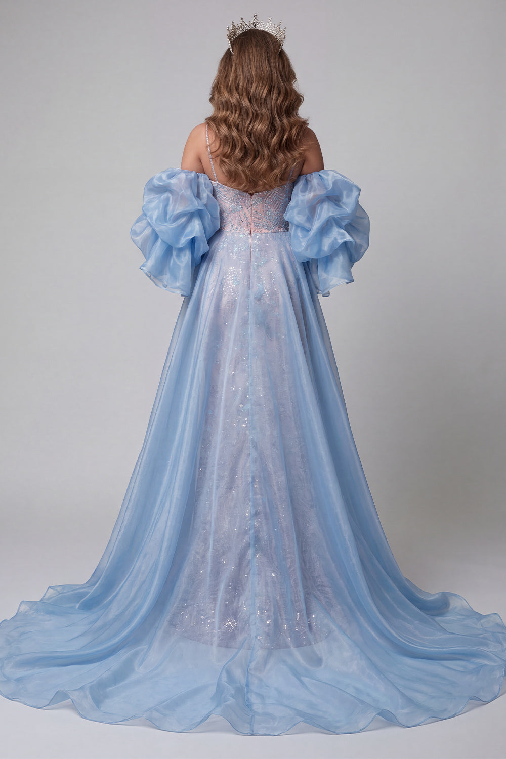 Blue and Pink Mermaid Floral Sequins Spaghetti Straps Long Pageant Dress Ruffle Train