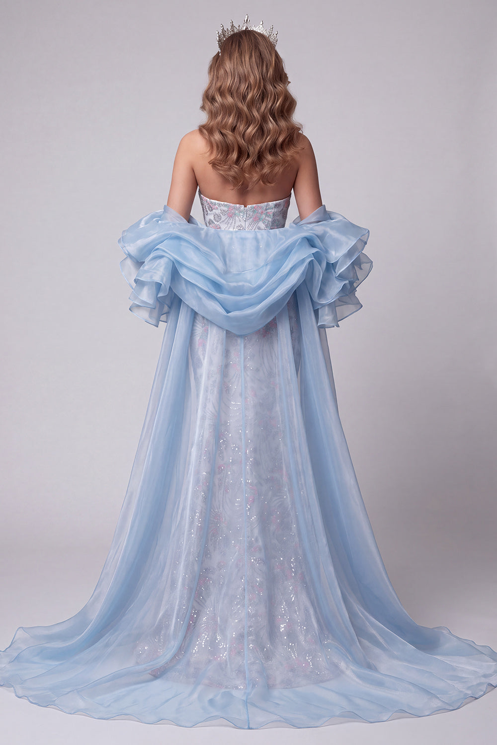 Light Blue Strapless Mermaid Floral Beaded Long Pageant Dress with Ruffle Train