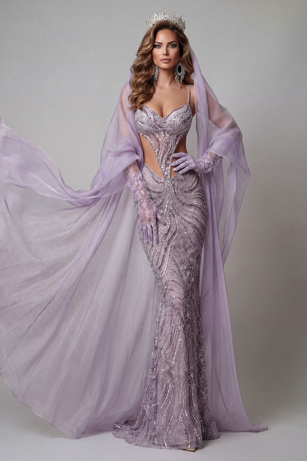 Lilac Spaghetti Straps Mermaid Cut Out Sequins Long Pageant Dress