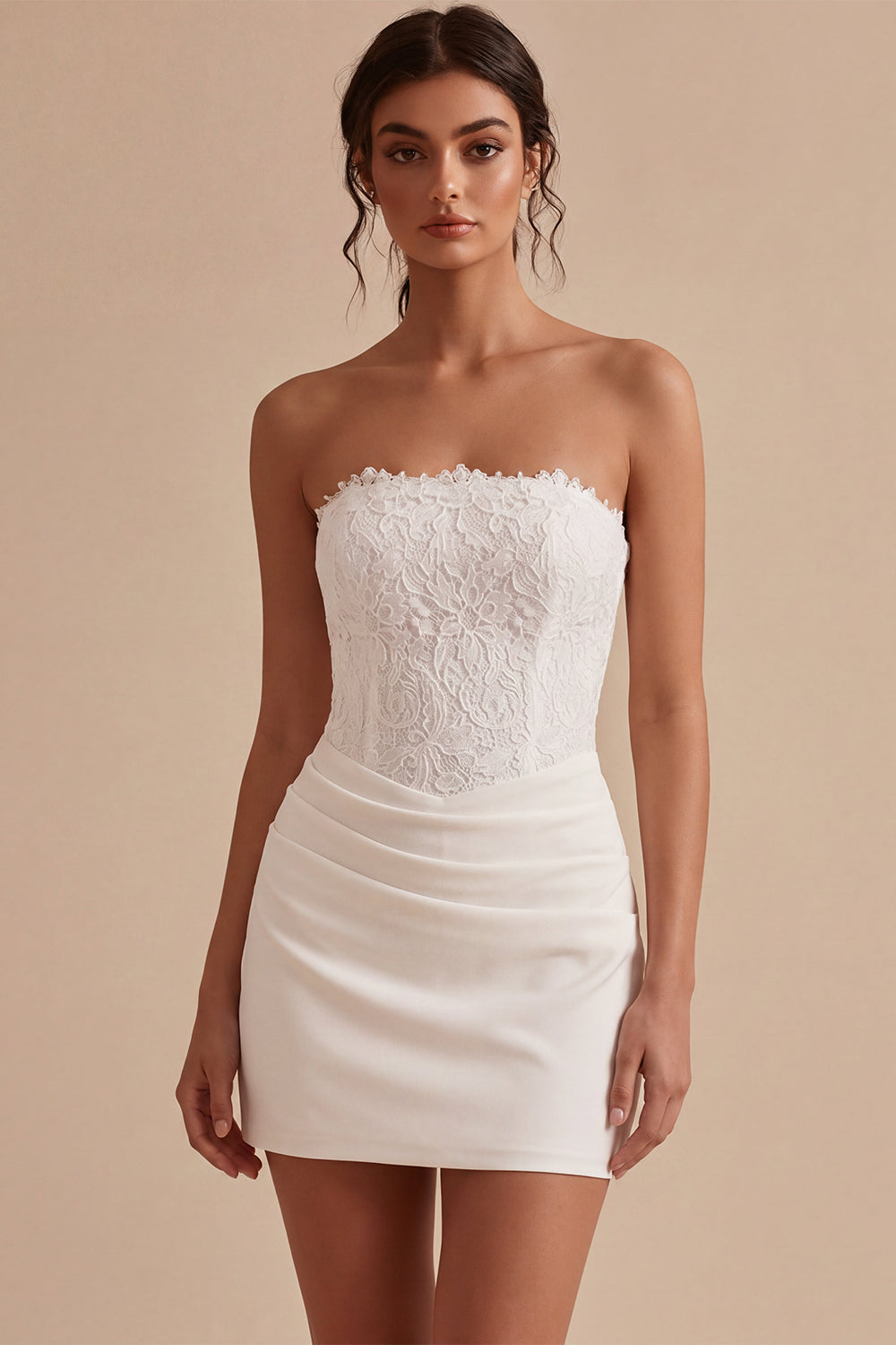 Strapless White Bodycon Mini Bridal Shower Dress with Lace