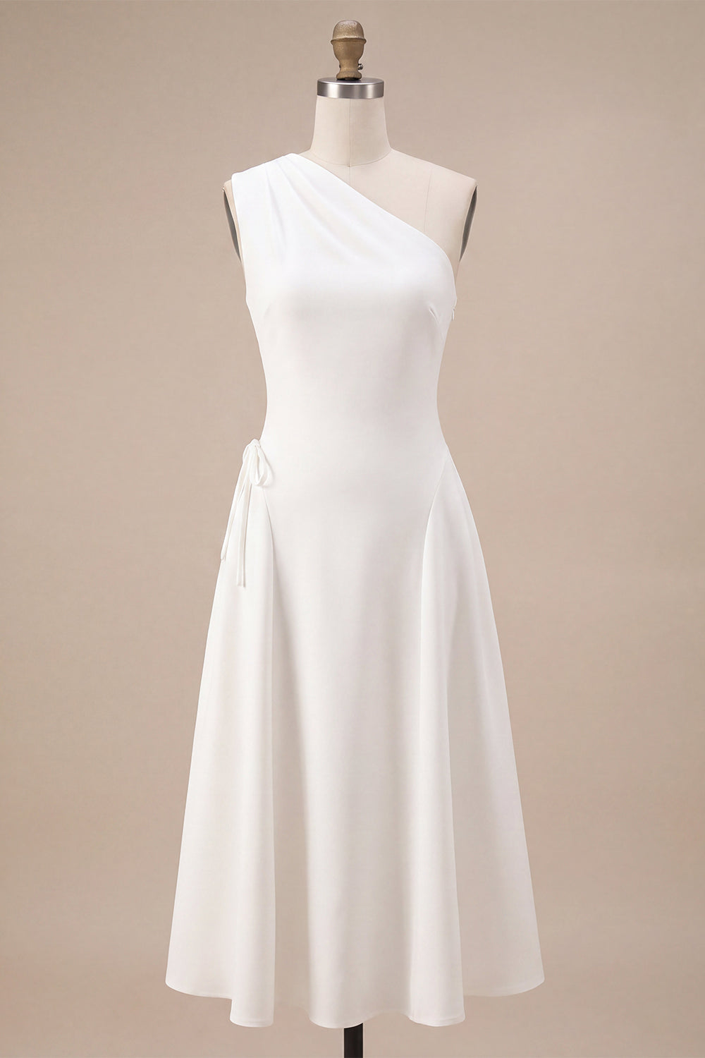 One Shoulder A-Line White Midi Engagement Dress