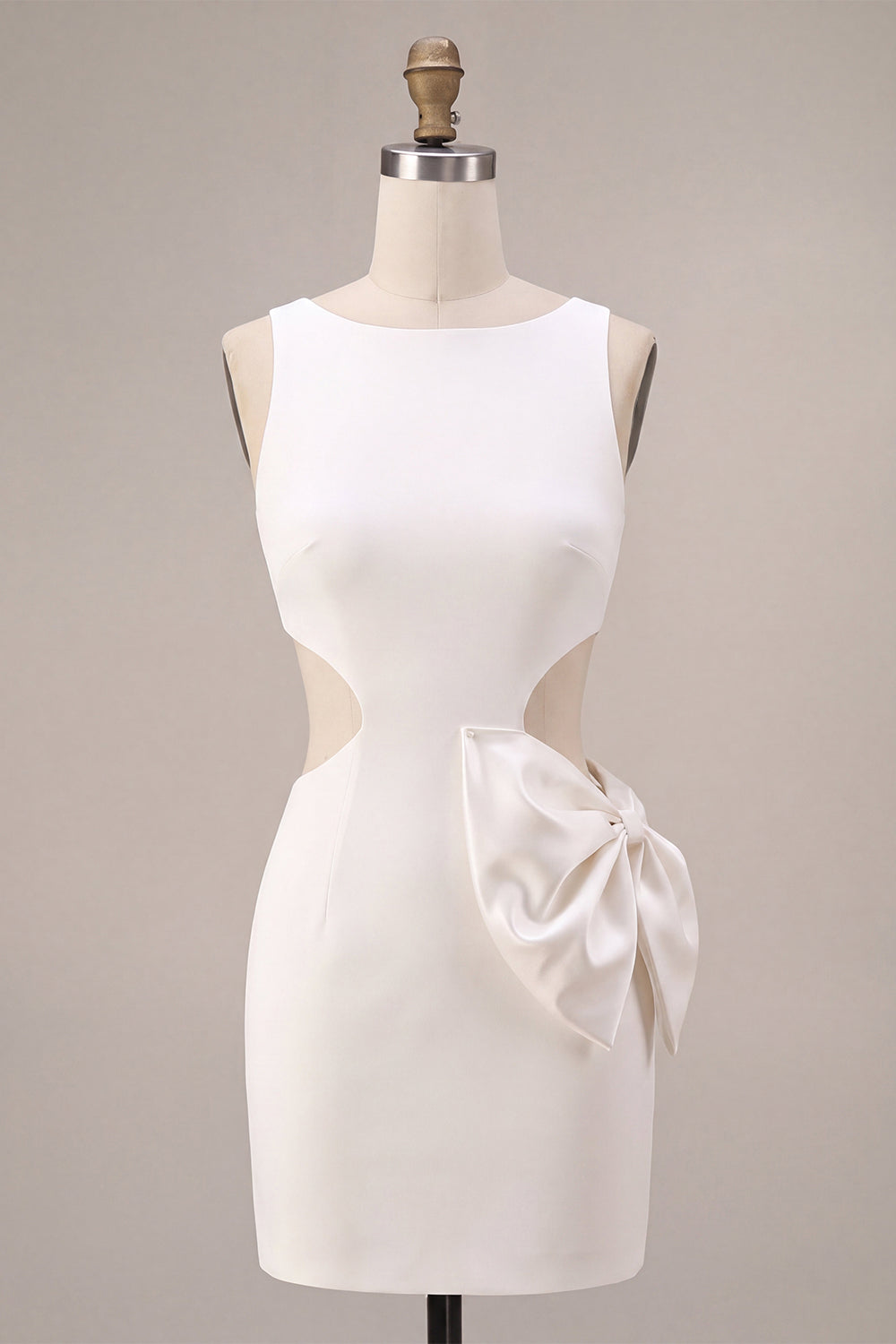 Bodycon Cut Out Round Neck Little White Dress with Bow