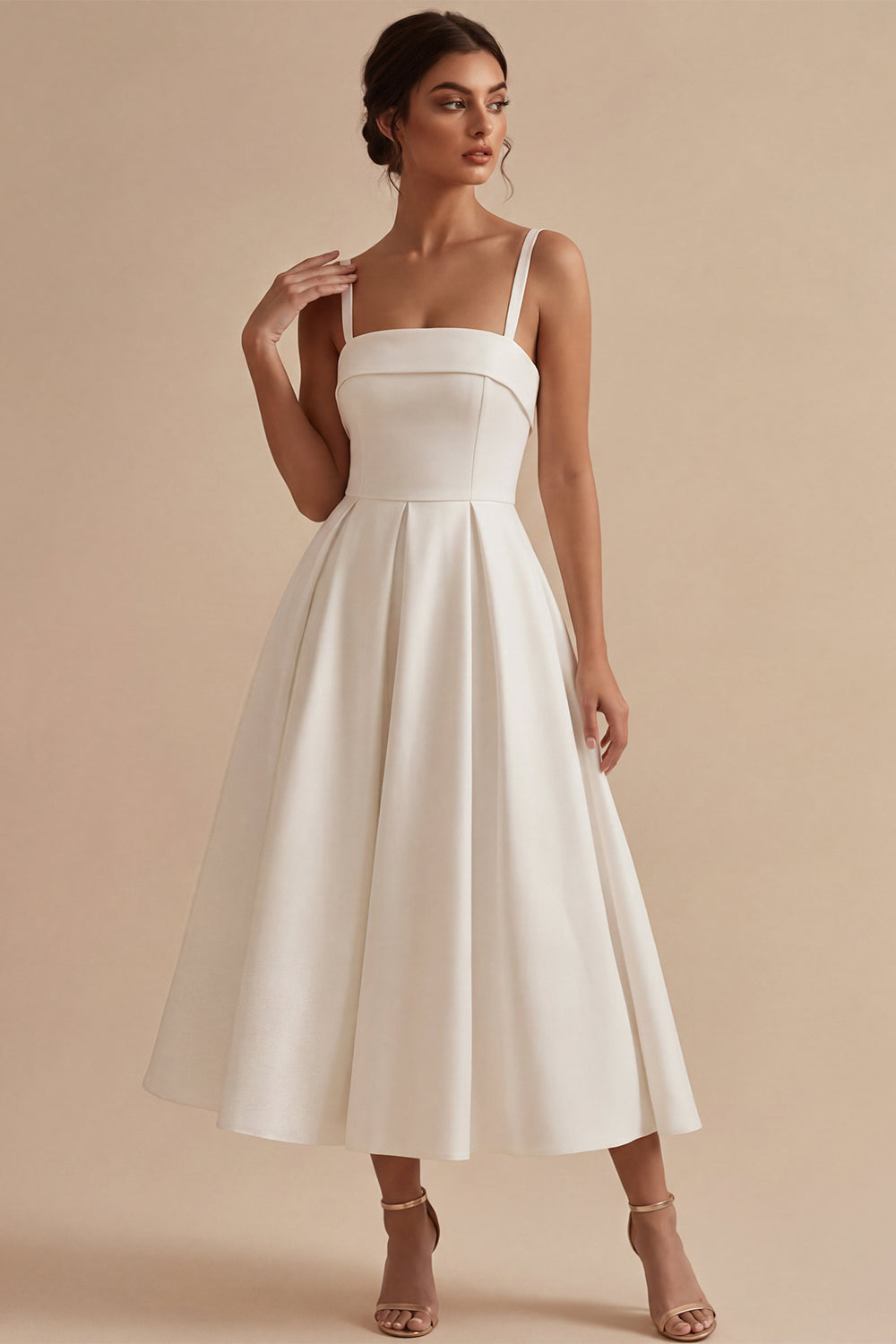 White A-Line Spaghetti Straps Elegant Midi Engagement Dress
