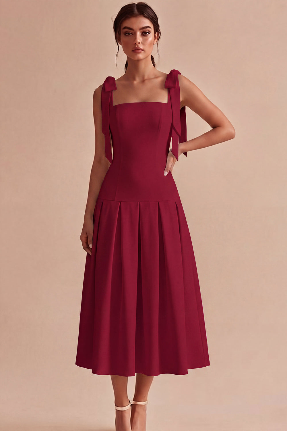 White A-Line Bowed Straps Midi Engagement Dress