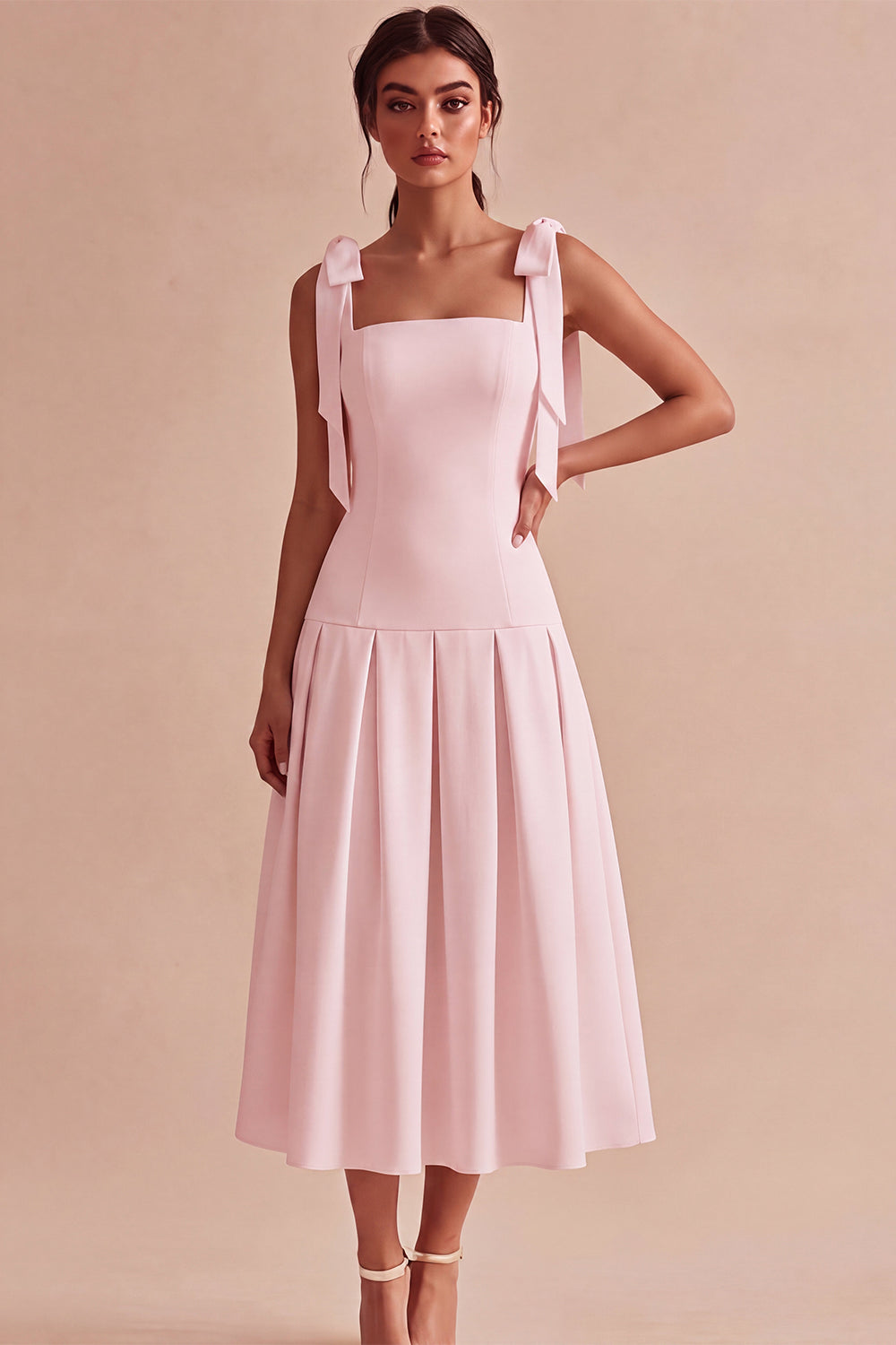 White A-Line Bowed Straps Midi Engagement Dress