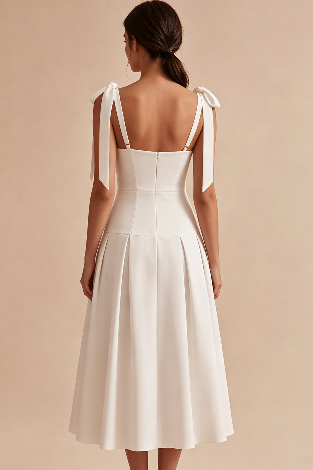 White A-Line Bowed Straps Midi Engagement Dress