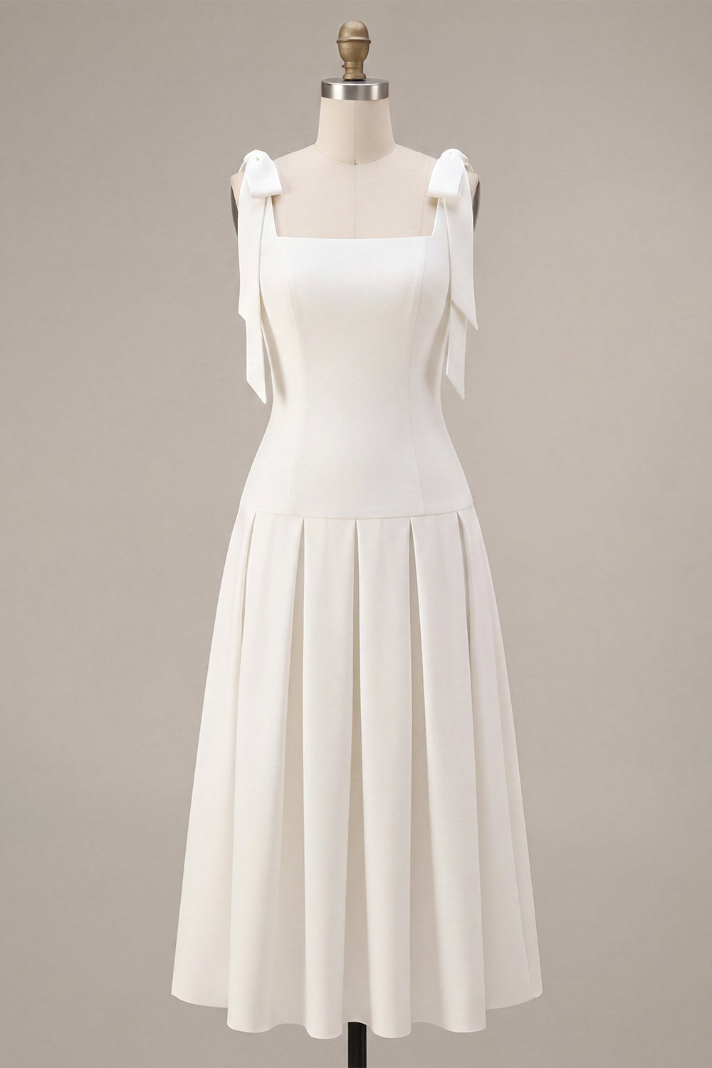 White A-Line Bowed Straps Midi Engagement Dress