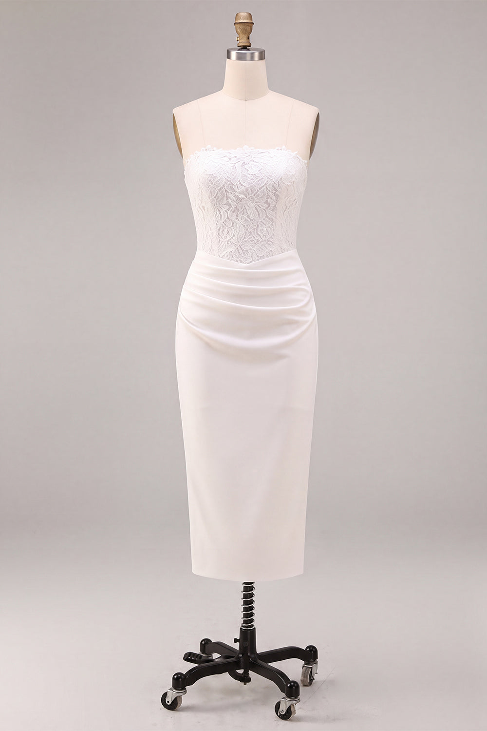 White Strapless Midi Bodycon Ruched Corset Engagement Dress with Slit