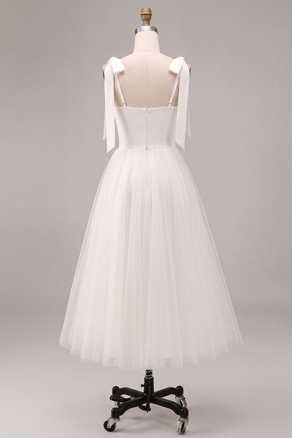 A-Line White Square Neck Midi Tulle Engagement Dress with Bow