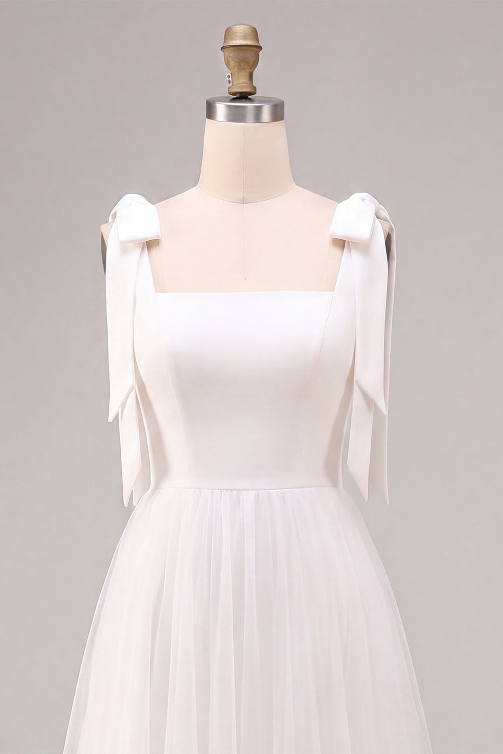A-Line White Square Neck Midi Tulle Engagement Dress with Bow