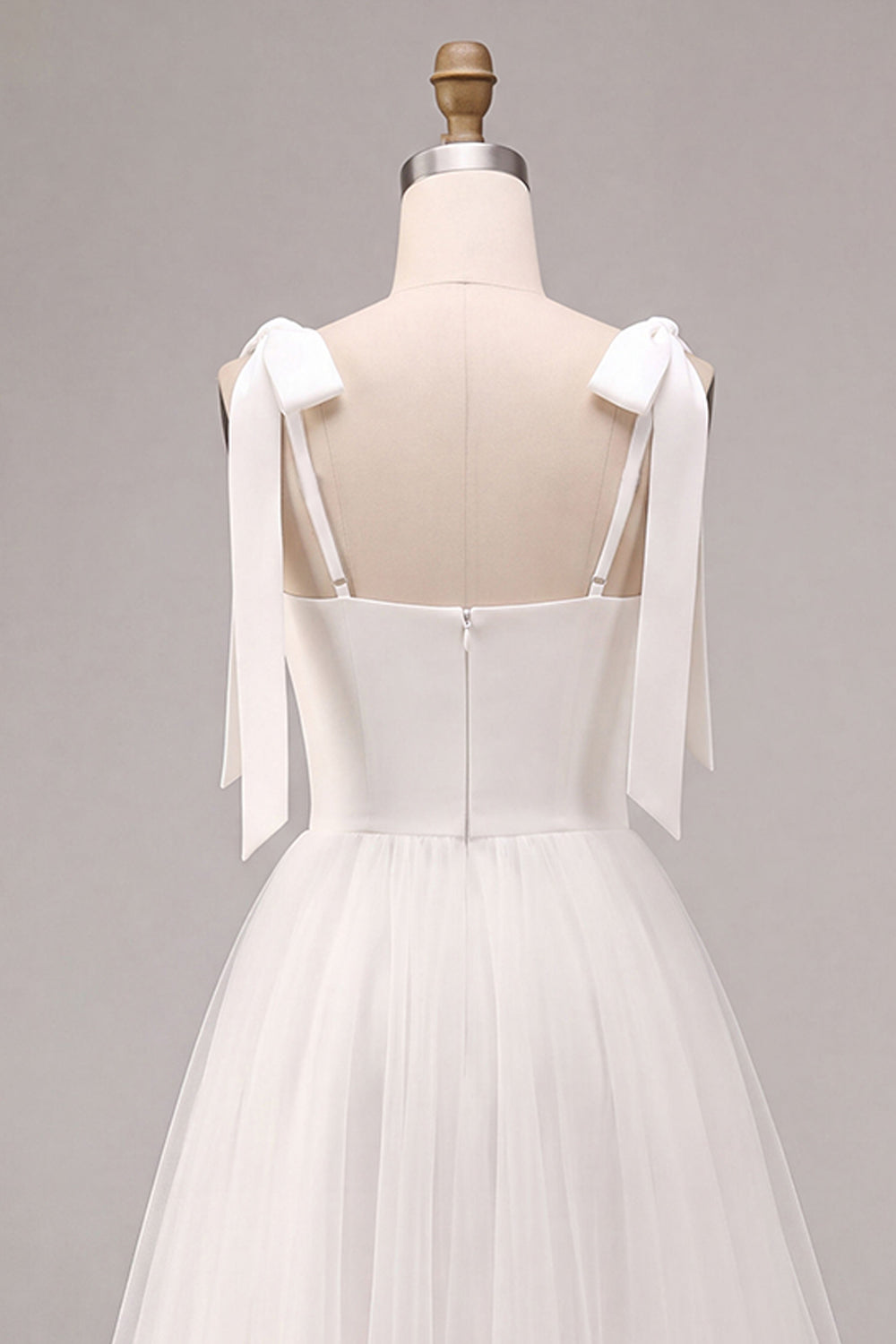 A-Line White Square Neck Midi Tulle Engagement Dress with Bow