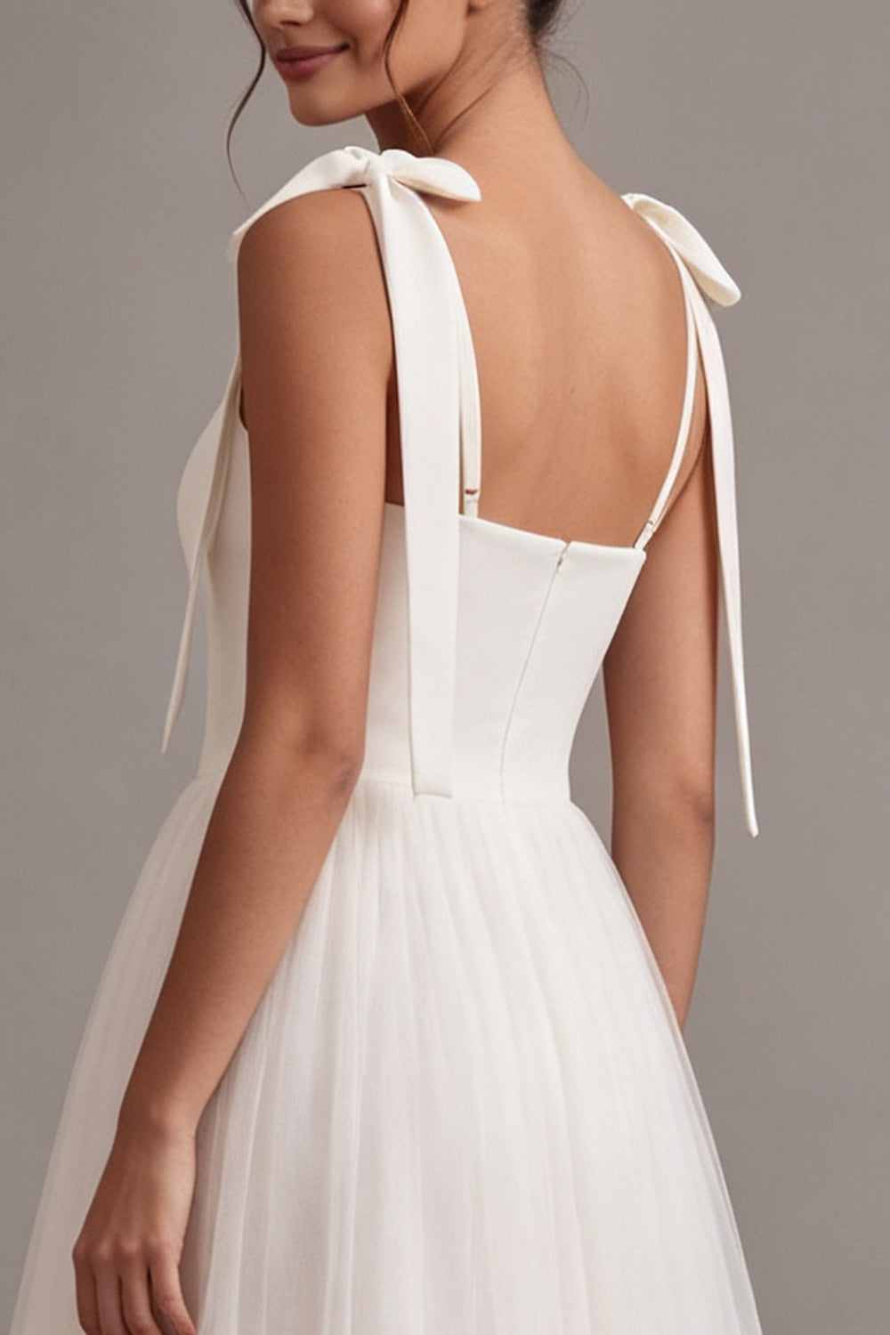 A-Line White Square Neck Midi Tulle Engagement Dress with Bow