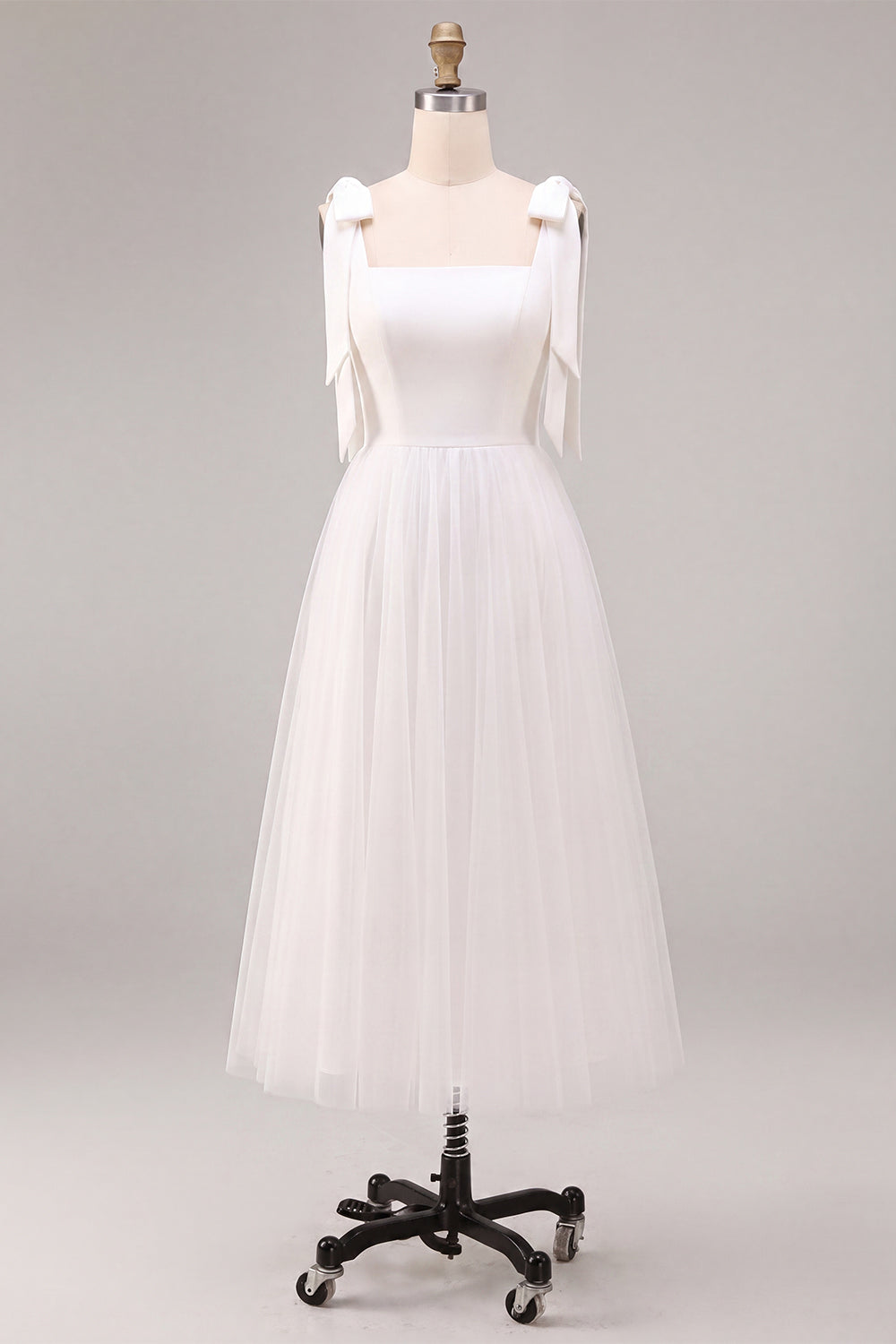 A-Line White Square Neck Midi Tulle Engagement Dress with Bow