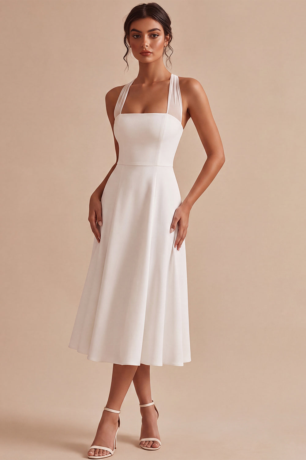 A-Line White Halter Neck Midi Engagement Dress